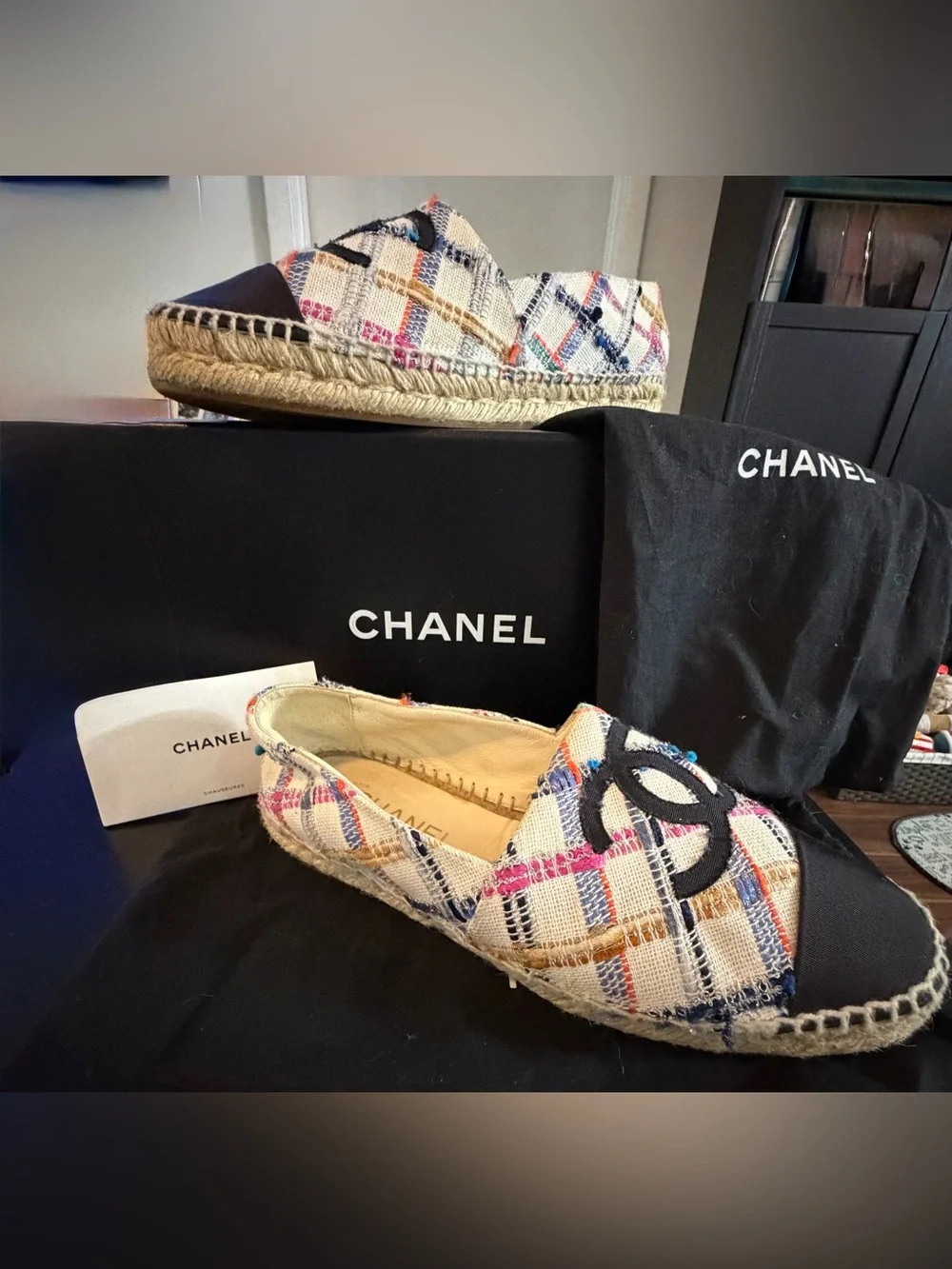 Authentic CHANEL Multicolor Tweed Espadrilles with Black Cap Toe